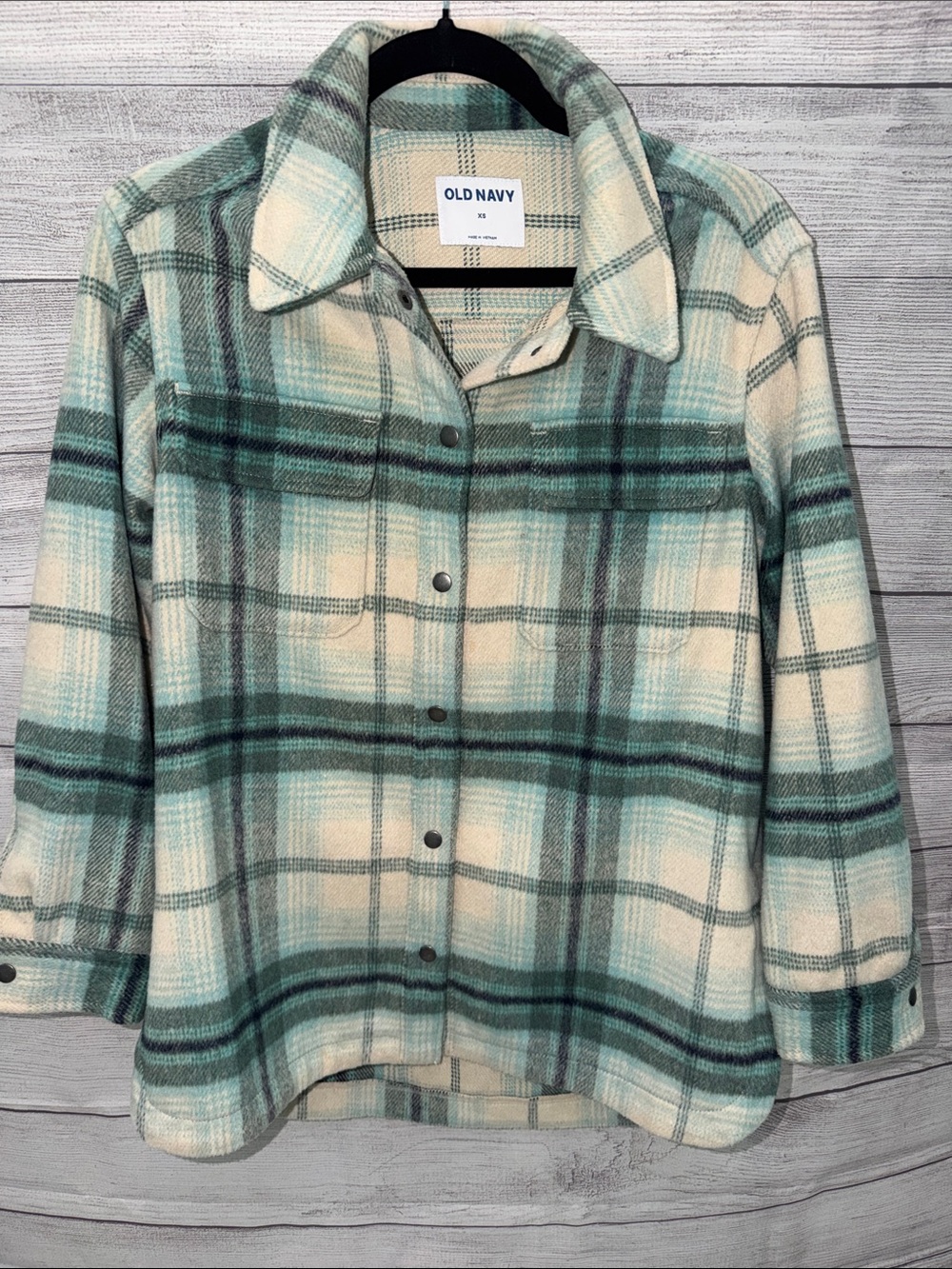 Old Navy Cream and Teal Plaid Button-Up Shacket
